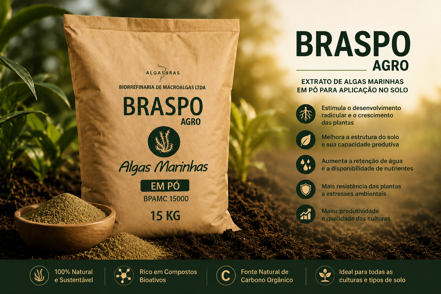 Braspo Agro 15 kg — Algas marinhas em pó para aplicação no solo