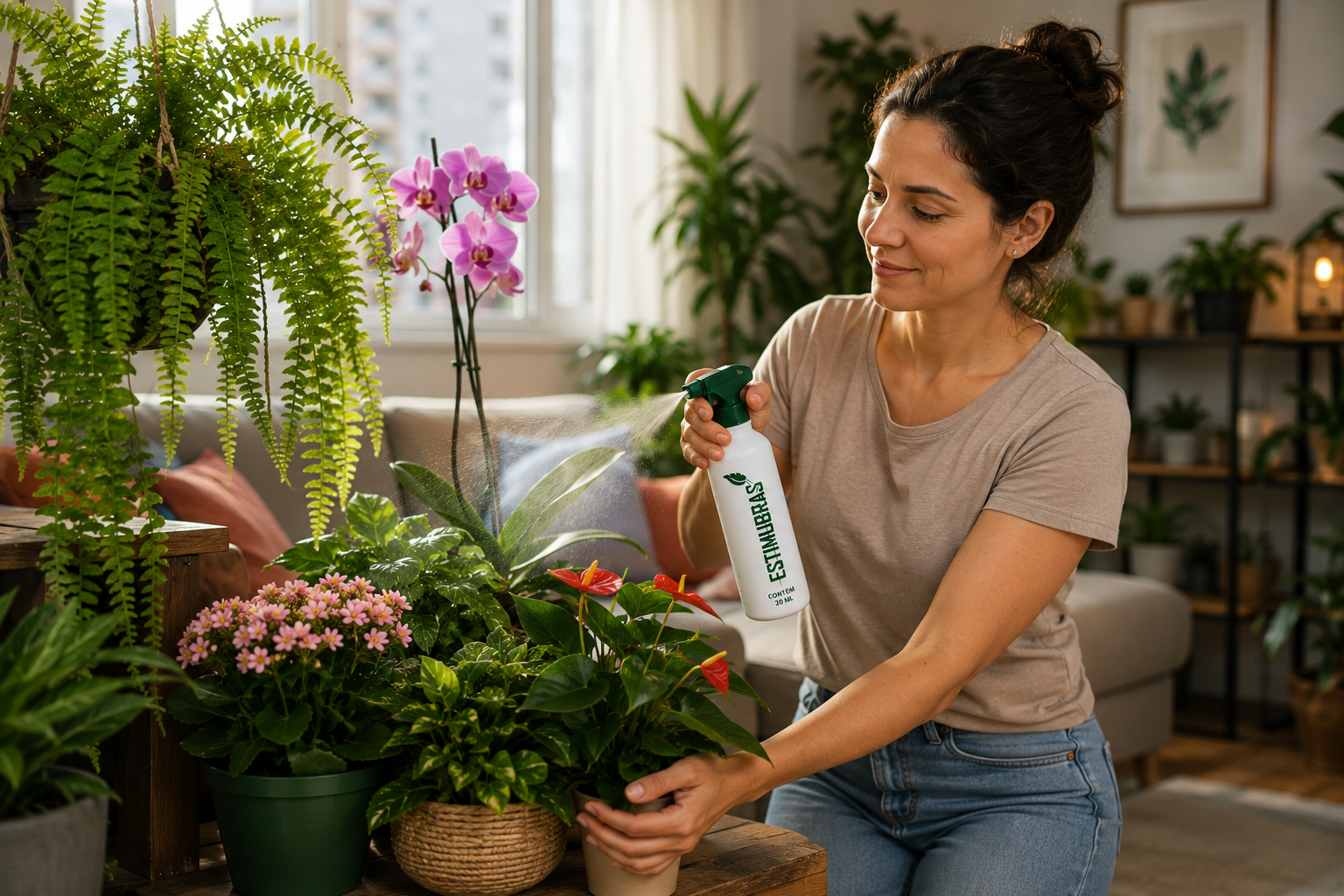 Mulher cuidando de flores e plantas ornamentais em casa com Estimubras Linha Jardim